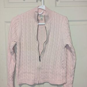 LL Bean Petite M palest pink zip cabke knit cardigan